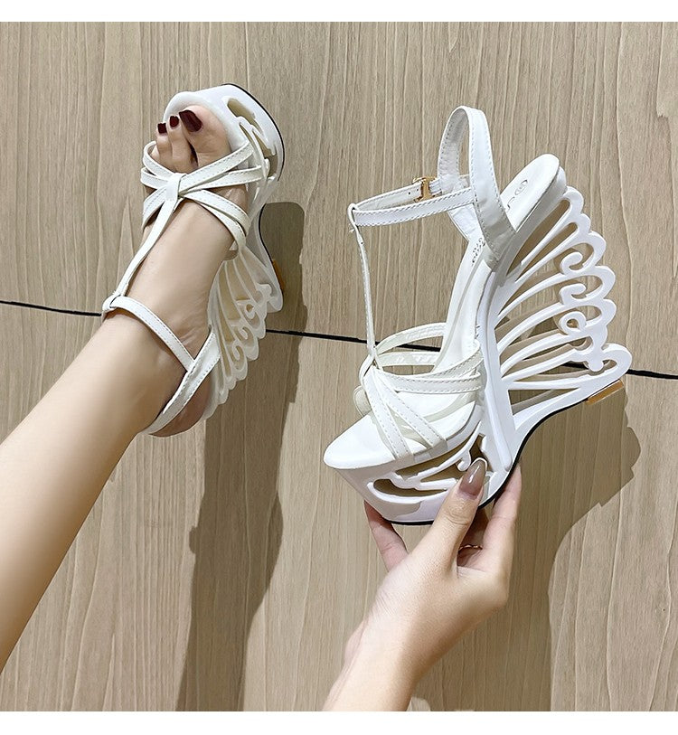 2022 New High Heels Women Pumps Thick Platform Buckle Strap Nightclub Shoes Catwalk Model Show 14.5CM Hollow Out Wedge Sandals