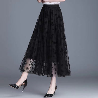 Korean Women Tulle Skirt Fashion Summer Hook Floral Loose Midi Skirt Elegant Fem