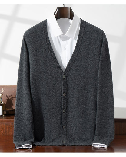 New Simple Button-Up Long Sleeve 100% Wool Cardigan Men's V-Neck Autumn Winter Versatile Commuter Sweater Knitted Jacket
