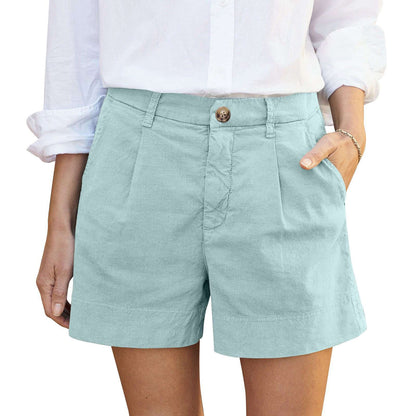 Cotton Linen Solid Shorts For Women Button High Waist Summer Loose Casual Pockets Shorts Female Pants Women Clothing