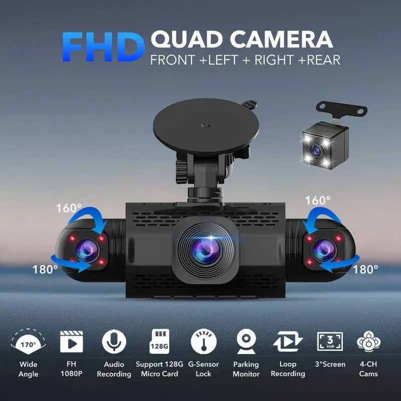 Câmera Veicular Filmadora 4 Canais Caixa Preta FHD 1080P Dianteira Esquerda Direita Traseira Visão Noturna Gravação em Loop adicionar Kit Hardwire
