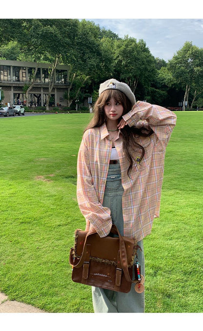 Ice Blue Plaid Long Sleeve Shirt Unisex Premium Cleanfit Denim Fabric V-neck Open Cardigan Style Holiday Vibes Short Length