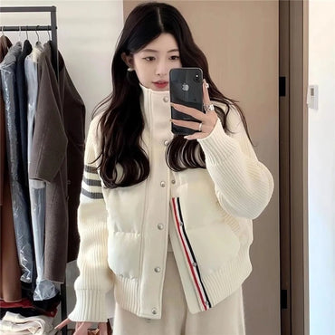 Little Women's Wear Knitted Stitching Coat Down Cotton-padded Short Female 2025 Winter Casual Jacket Loose Collar Thick Overwear