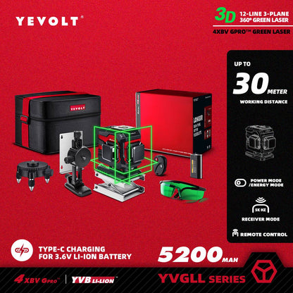 Nível a Laser Verde YEVOLT Série YVGLL4XS12T 3 Planos 12 Linhas Autonivelante 360 3D Horizontal & Vertical Ferramentas de Medição de Energia