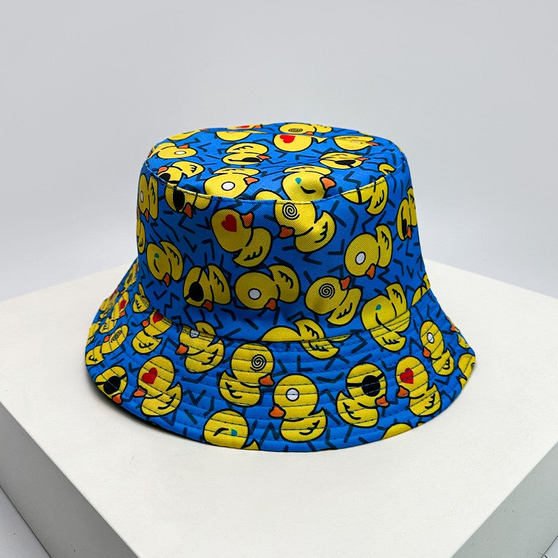 New Unisex Print Yellow Duck Bucket Hats Sunshade Double Sided Wearable Fashion Cute Casual Fisherman Caps Versatile Cartoon ins