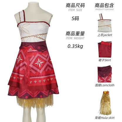 Family Matching Moana Costume Set, Adult  Kids Polynesian Princess Dress with Fringe, Halloween Carnival Party Cosplay Outfit