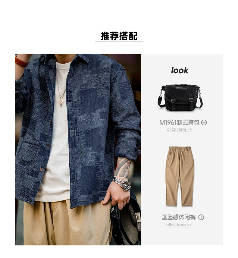 Maden Japanese Retro Boro Denim Shirts for Men Jacquard Patchwork Long-Sleeve Button Down Shirt Jacket Oversize Spring Outerwear