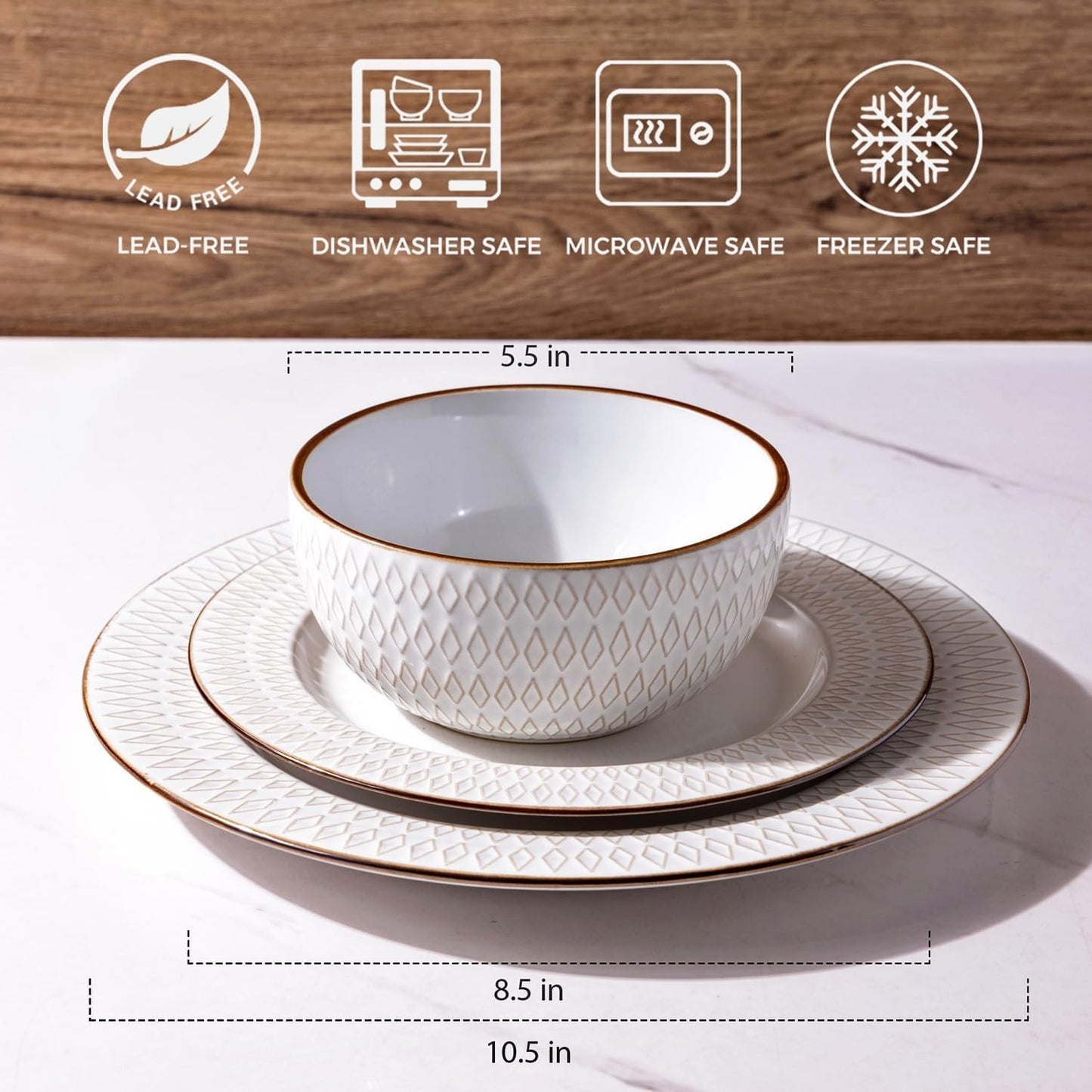 Ceramic Dinnerware Sets,12 pcs Embossed Elegant Stoneware Plates and Bowls Sets, Housewarming Wedding Gift | Dishwasher & Microw