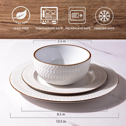 Ceramic Dinnerware Sets,12 pcs Embossed Elegant Stoneware Plates and Bowls Sets, Housewarming Wedding Gift | Dishwasher & Microw