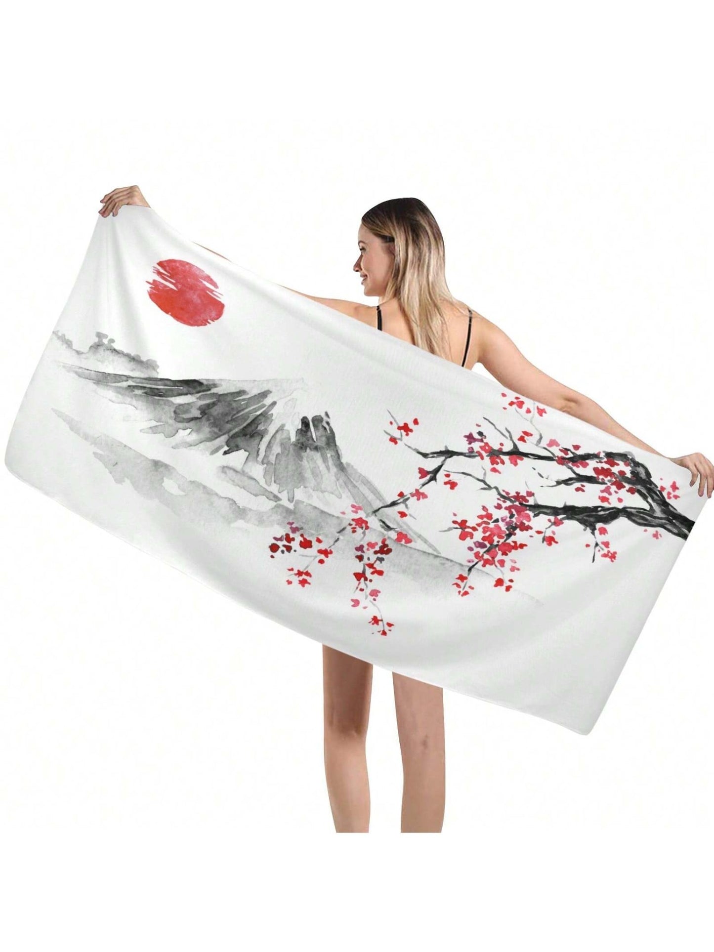 Japanese Sakura Sun And Mountain Beach Towel Microfiber Beach Towels, Oversized Lightweight Quick Dry Sand Proof, Absorbent