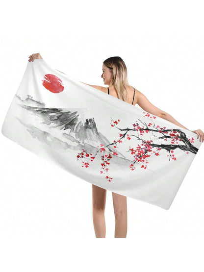 Japanese Sakura Sun And Mountain Beach Towel Microfiber Beach Towels, Oversized Lightweight Quick Dry Sand Proof, Absorbent
