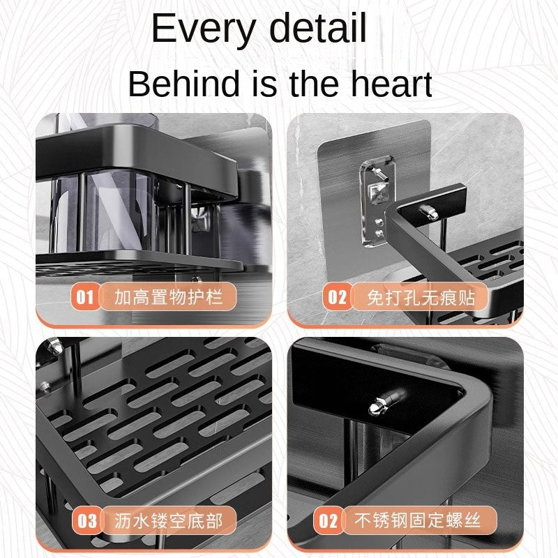 Black rectangular perforation-free bathroom storage rack Kitchen bathroom countertop wall hanging thick storage rack