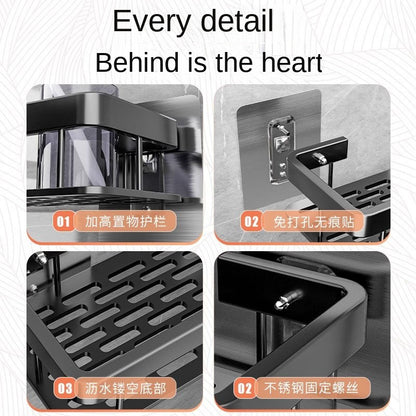 Black rectangular perforation-free bathroom storage rack Kitchen bathroom countertop wall hanging thick storage rack