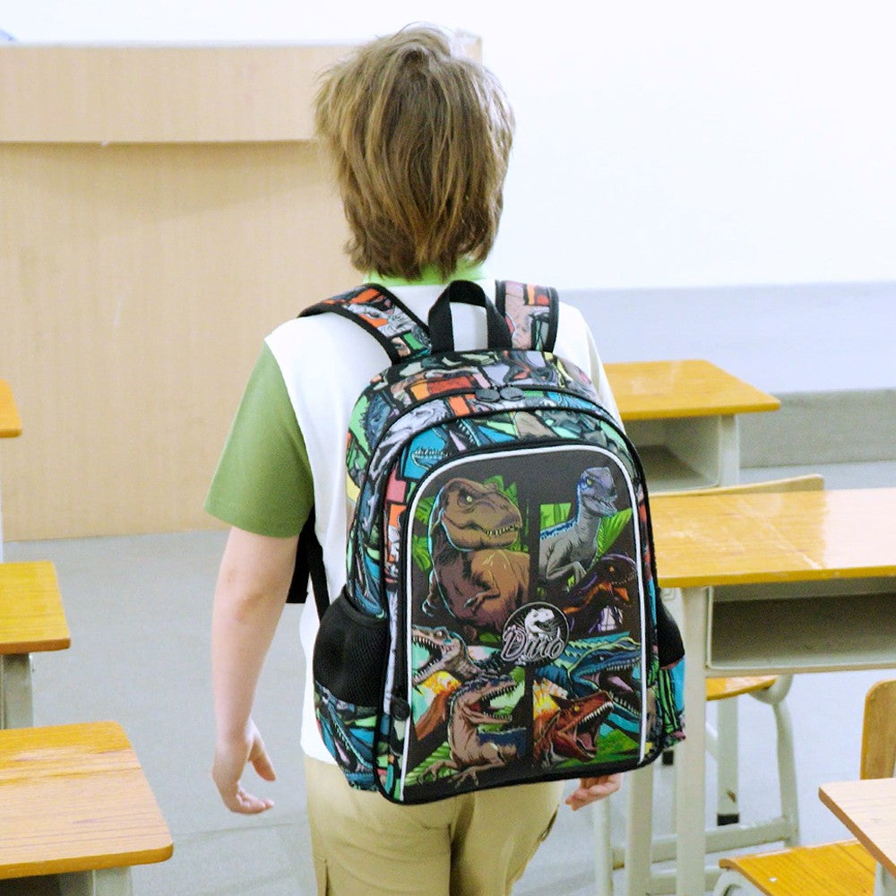 Mochila 3 Peças para Meninos, Mochilas Infantis de Dinossauro 16 Polegadas, Mochilas Escolares Legais para Ensino Fundamental e Pré-escola
