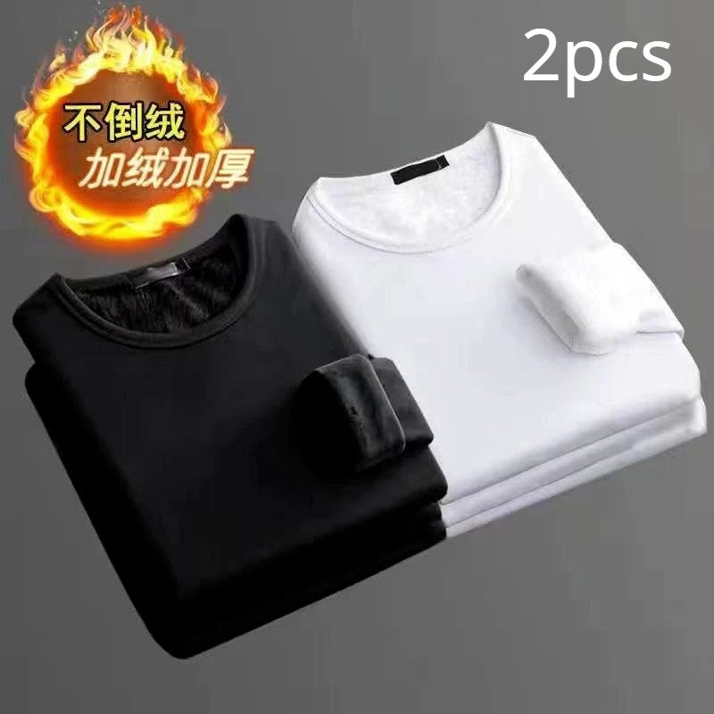 2PCS Men's Underwear Winter Long-sleeved Thermal Underwear Plus Velvet Padded T-shirt O-Neck Solid Color Slim Bottoming Shirt