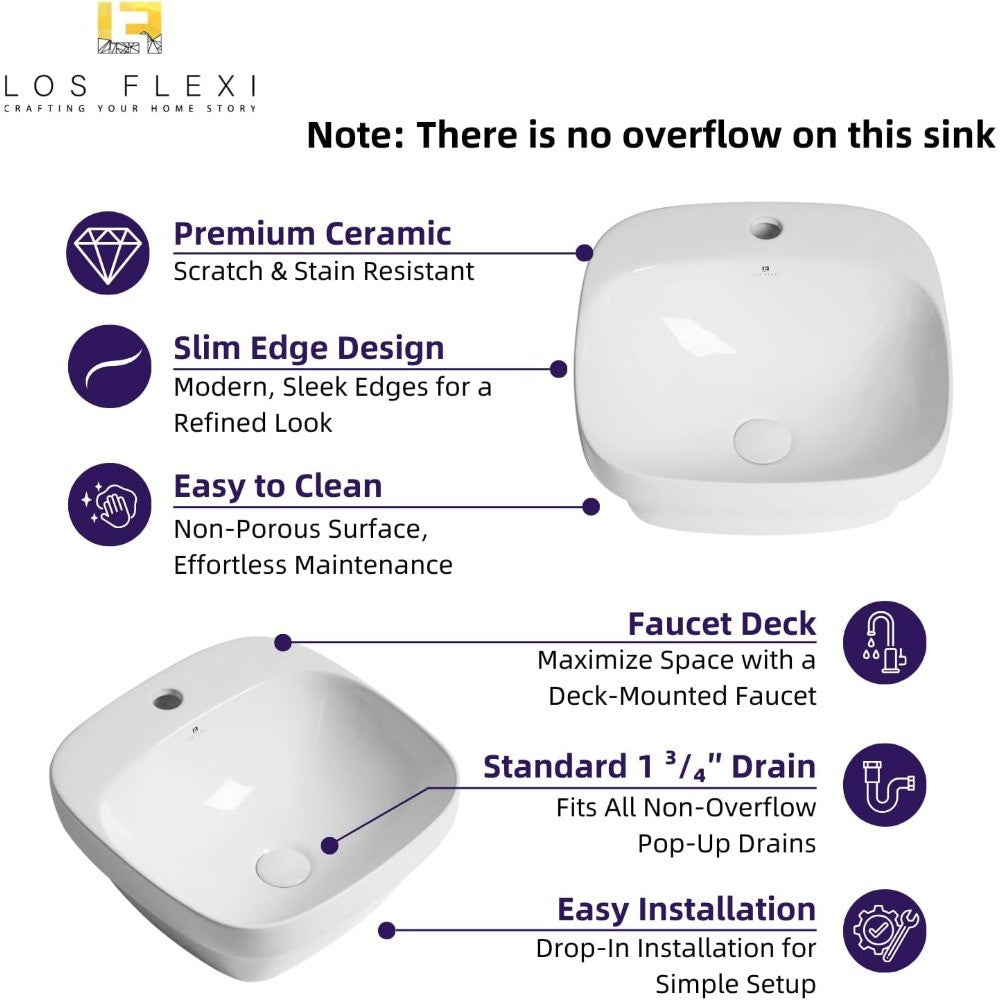 17L x 17D Drop-In Bathroom Sink with Included Pop-Up Drain, Semi-recessed Bathroom Sink for Vanity, Modern Square