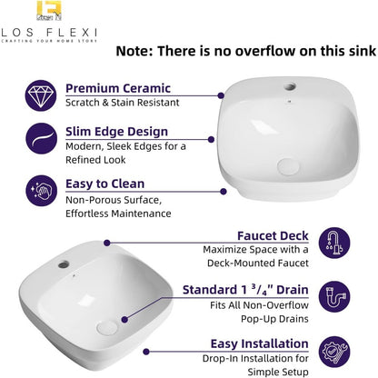 17L x 17D Drop-In Bathroom Sink with Included Pop-Up Drain, Semi-recessed Bathroom Sink for Vanity, Modern Square