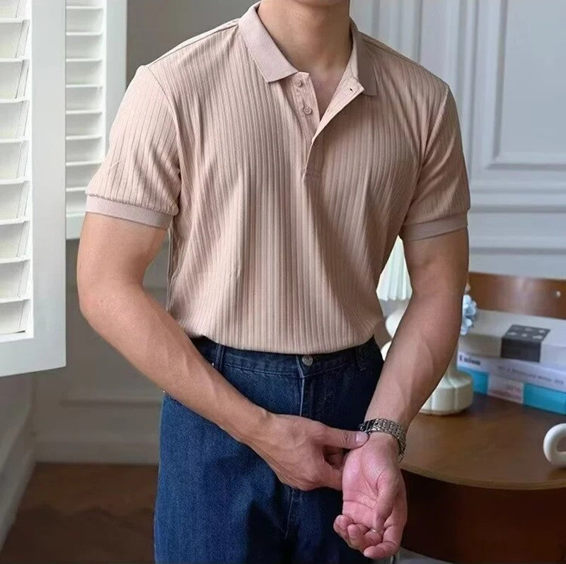 New Vertical Stripe Knit Polo Men's Shirts Summer Slim Solid Color Breathable Turn-Down Collar Business Short Sleeve Polo Tops