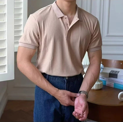 New Vertical Stripe Knit Polo Men's Shirts Summer Slim Solid Color Breathable Turn-Down Collar Business Short Sleeve Polo Tops