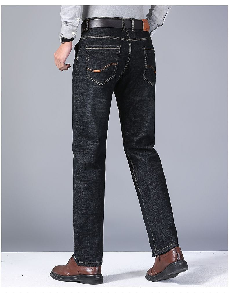 Calça Jeans Masculina Primavera Outono Negócios Casual Confortável Reta Denim Elástica Moda Clássica Macia Premium Azul Preto