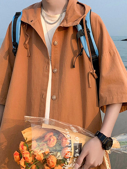 Gmiixder Hooded Short-sleeved Shirts for Men Women Japan Summer Trend Cityboy Solid Blouse Unisex Cargo Button Up Shirt Jacket