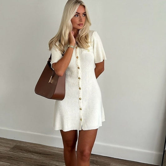 White Elegant Knitted Mini Dress For Women Metal Button Sexy Slim Rib Sweater Dr
