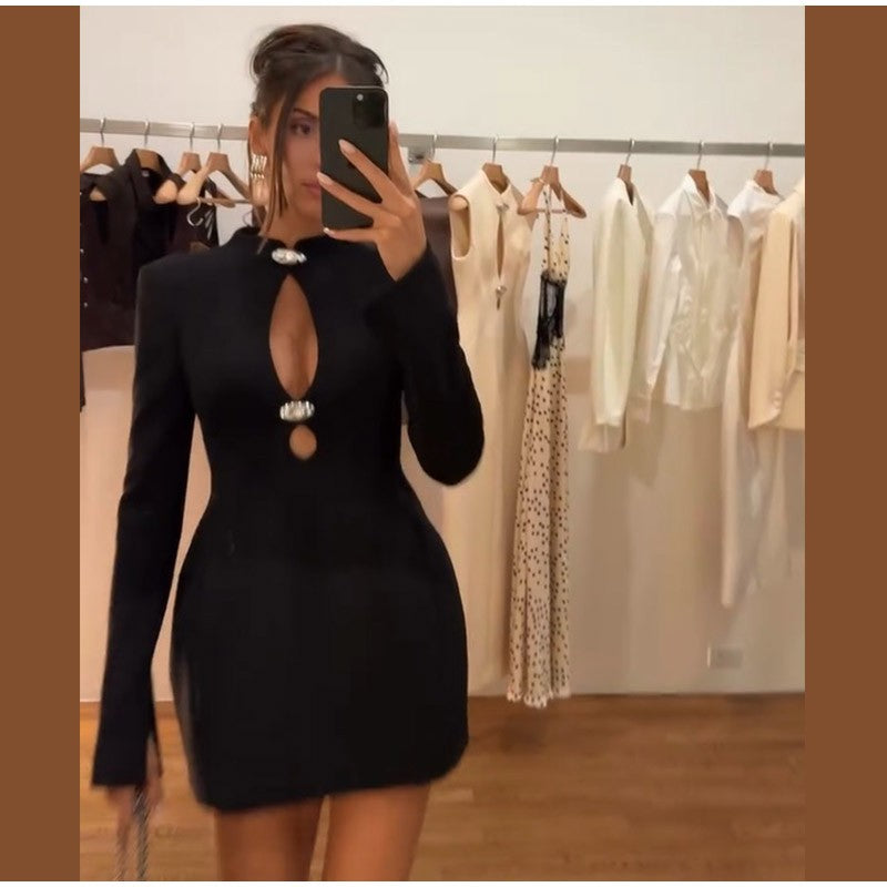 Black Hollow Out Mini A-line Dress Women Sexy Round Neck Long Sleeve Waist Cinching Dresses 2025 Lady Chic Party Club Robe