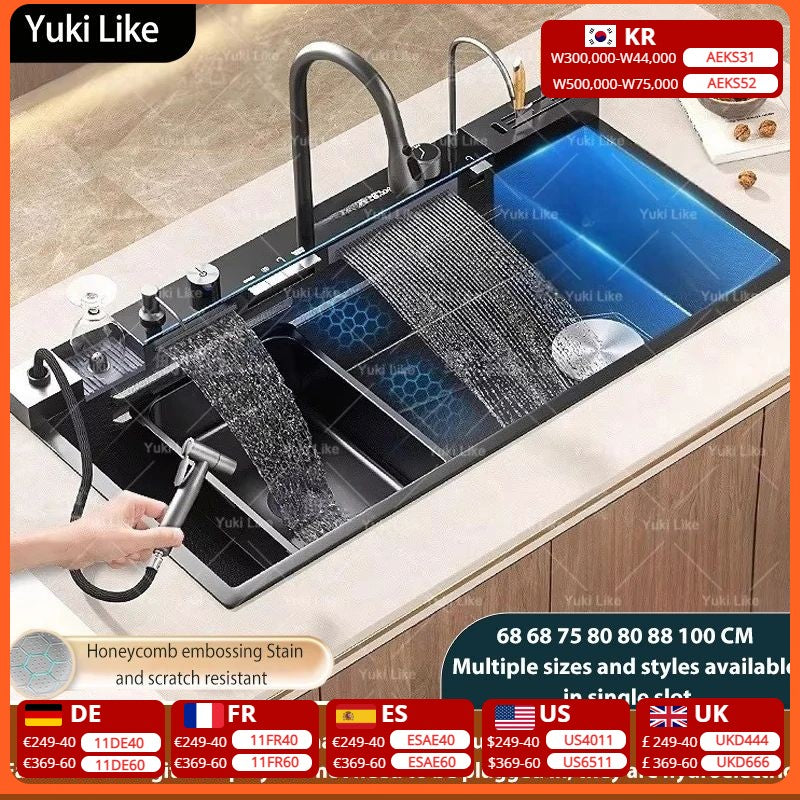 Stainless Steel Waterfall Kitchen Sink Digital Display Faucet Set Embossed Extra Large Single Slot Multiple Types of sinks
