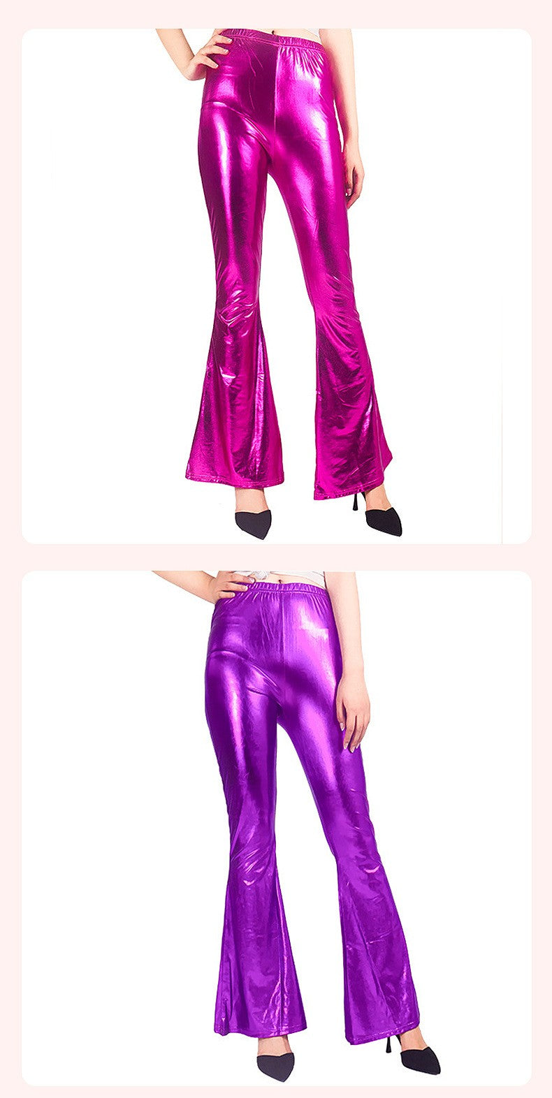 Women Shiny Flare Trousers Laser Metallic Wetlook Ruffle Wide Leg Pants Retro 70s Disco Hippie Club Trousers Skinny Bell Bottoms
