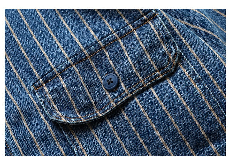 American Retro Workwear Long Sve Denim irt Loose Casual Striped ket irt Youth Trend Autumn Wear Iron Free