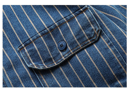 American Retro Workwear Long Sve Denim irt Loose Casual Striped ket irt Youth Trend Autumn Wear Iron Free