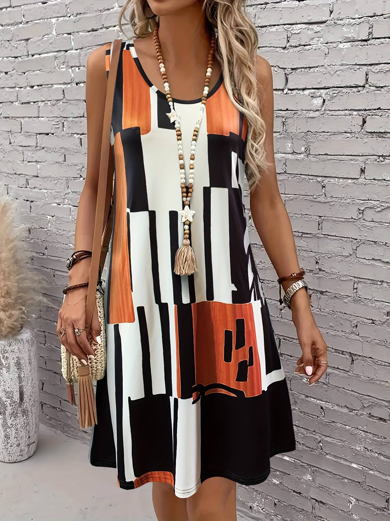 Spring&Summer Women's Geometric Pattern Sleeveless Dress For Summer Vacation,dre