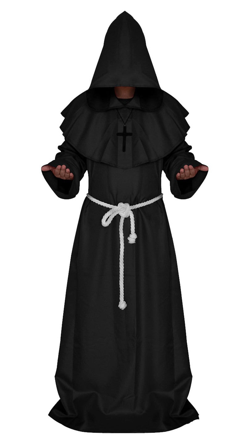 Medieval Monk Cosplay Wizard Hooded Robe Steampunk Priest Horror Cloak For Men Unisex Mask Hat Costume Halloween Masquerade Cape
