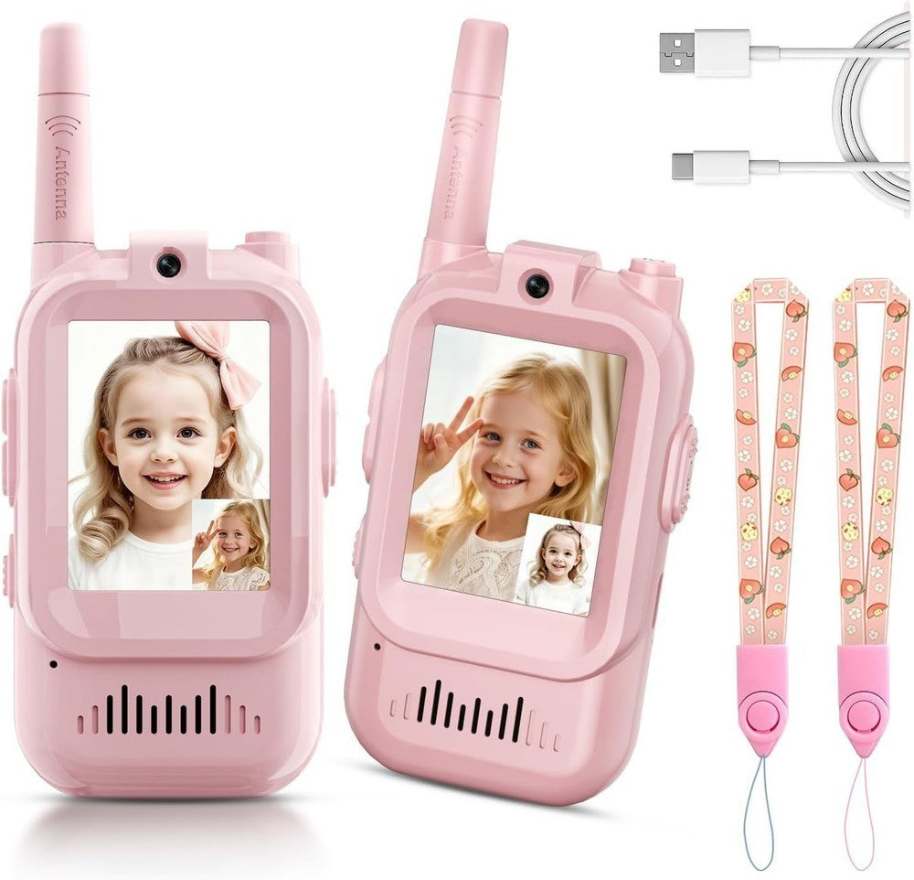 2Pcs Video Walkie Talkies for Kids 2-inch Video Intercom Rechargeable Voice Fonts One-Click Call Cartoon Intercom Toys Gift
