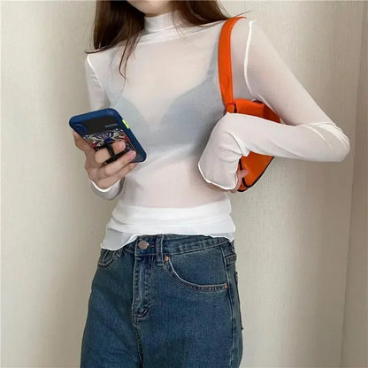 New Women Floral Lace Shirt Spring Autumn Long Sleeve Sexy Mesh Bottoming Shirts Mock Neck Blouse T-Shirt Pullover Top