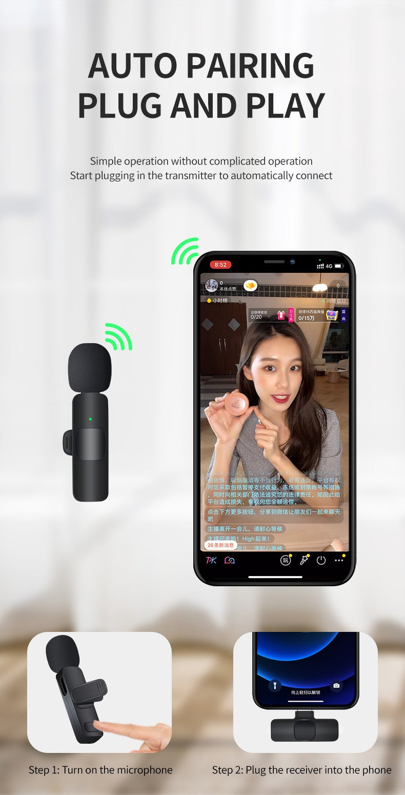 Basix Microfone de Lapela Sem Fio 2.4G Portátil para Gravação de Áudio e Vídeo Mini Microfone para iPhone Android Transmissão ao Vivo Jogos Telefone