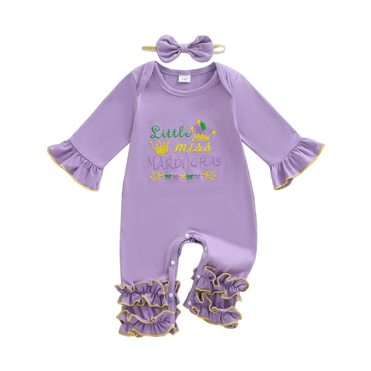 Suefunskry Baby Girl Mardi Gras Themed Romper Letter Crown Embroidery Long Sleeve Round Neck Jumpsuit with Bow Headband