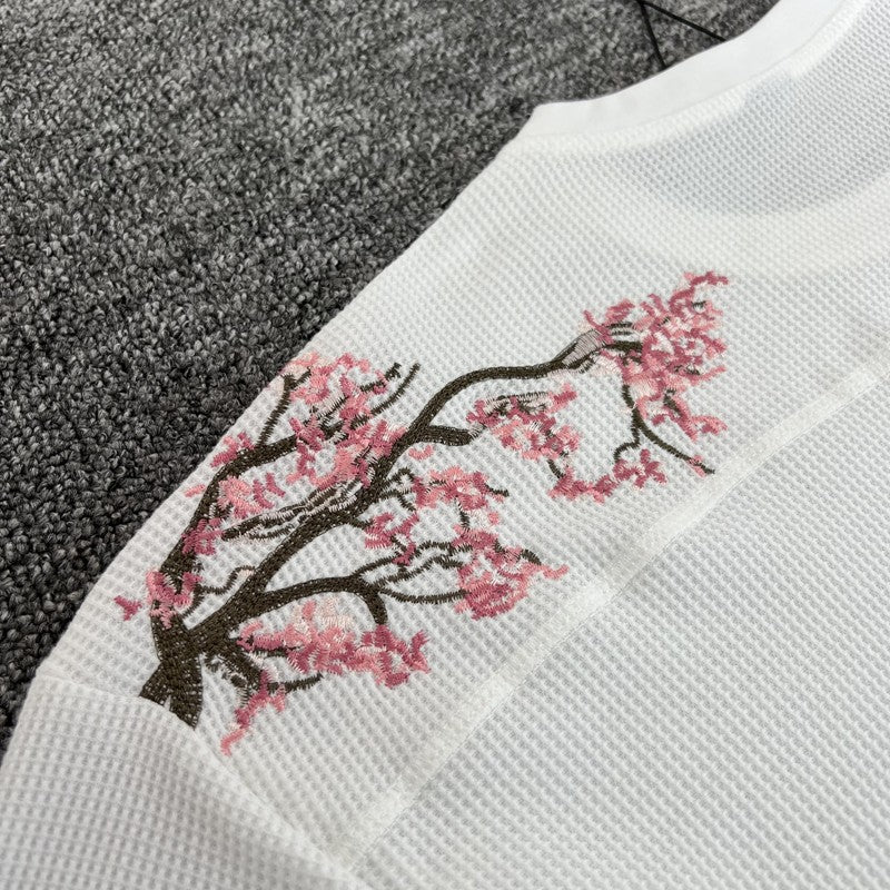 Waffle Long Sleeve Embroidery Sakura Derschutze Blossom T Shirt Men Women Casual Loose High Quality Breathe T-shirt Clothes