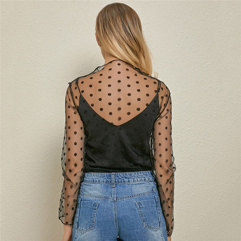 Women's Sexy Mesh Sheer Lace Blouses Perspective Long Sleeve Stand Collar Mesh Tops Striped Polka Dot Stars Party Tee Blouses