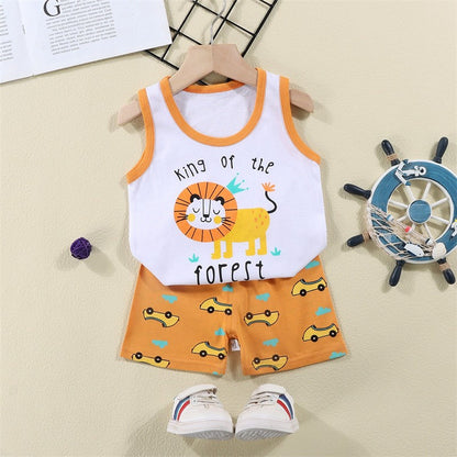 Vest+Shorts 2-Piece Clothing Set Cartoon Lion Pajamas Summer Kids Baby Boys Girls Cotton Casual Tracksuit Clothes Suit 1-6 Years
