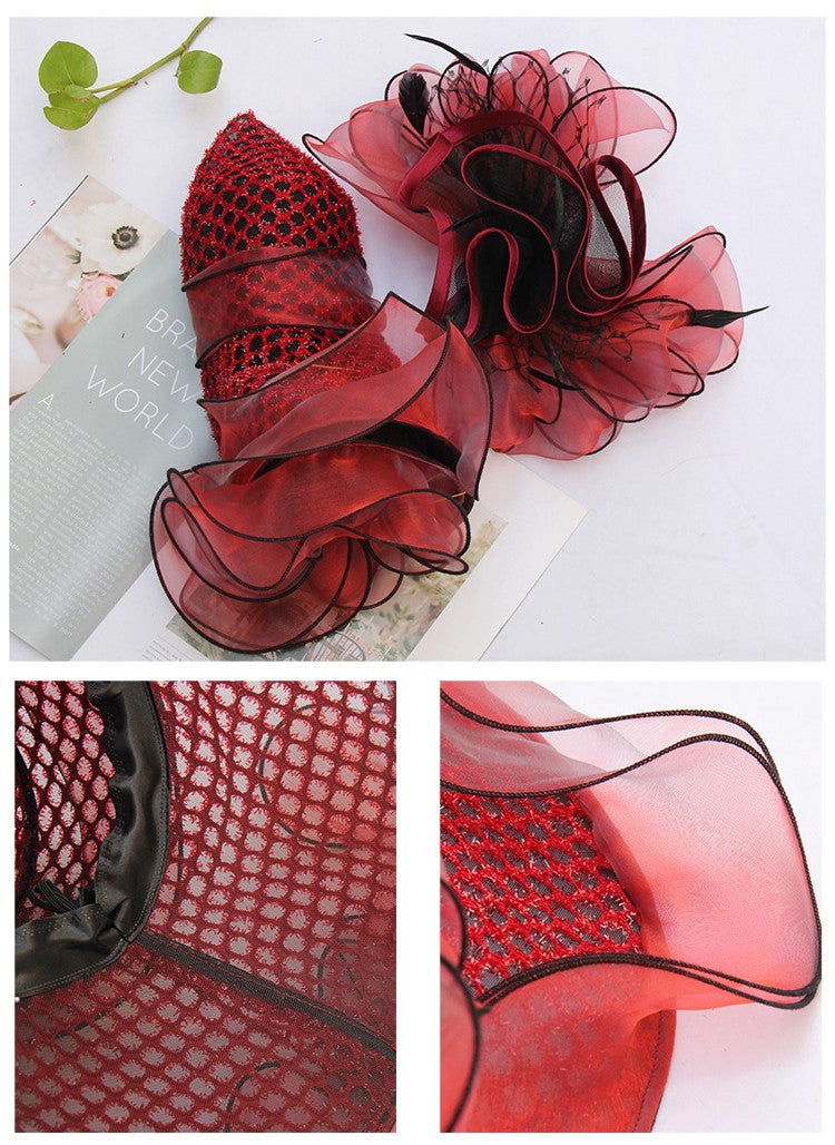 FS Mulheres Organza Vermelha Chapéus Casamento Fascinadores Elegante Grande Aba Larga Fedora Kentucky Derby Chapéus Festa Formal Igreja Chapéu Feminino