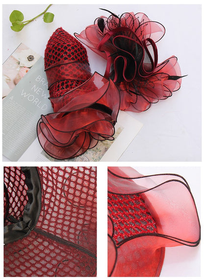 FS Mulheres Organza Vermelha Chapéus Casamento Fascinadores Elegante Grande Aba Larga Fedora Kentucky Derby Chapéus Festa Formal Igreja Chapéu Feminino