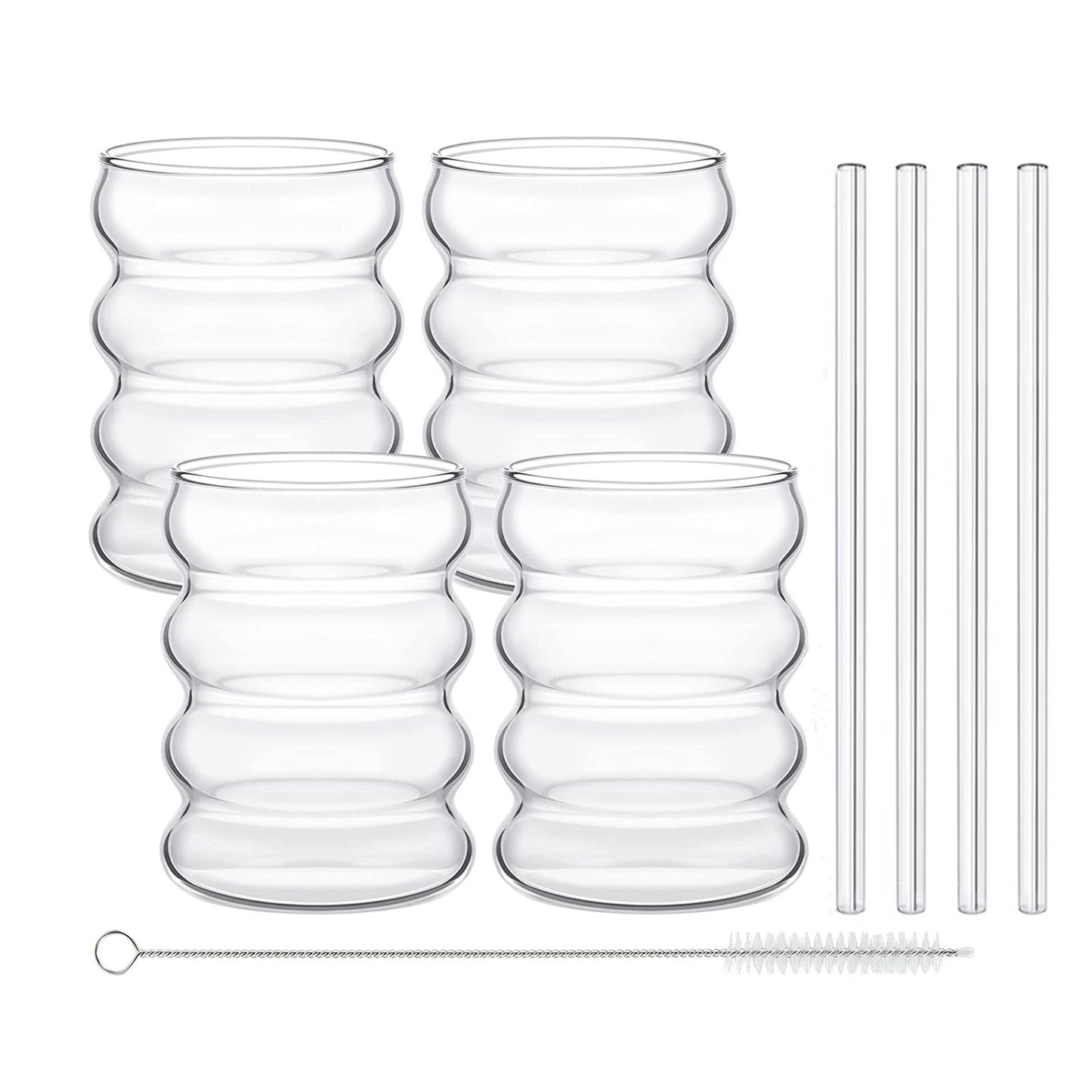 2/4 PEÇAS Copos de Vidro Ondulados para Bebidas com Canudos Copos de Vidro Vintage Ondulados para Vinho Champanhe Leite Café