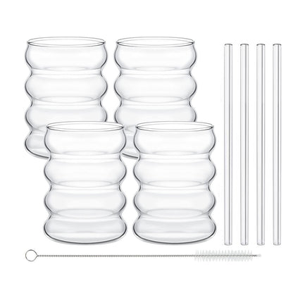 2/4 PEÇAS Copos de Vidro Ondulados para Bebidas com Canudos Copos de Vidro Vintage Ondulados para Vinho Champanhe Leite Café