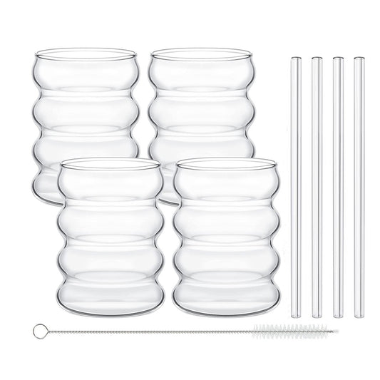 2/4 PEÇAS Copos de Vidro Ondulados para Bebidas com Canudos Copos de Vidro Vintage Ondulados para Vinho Champanhe Leite Café