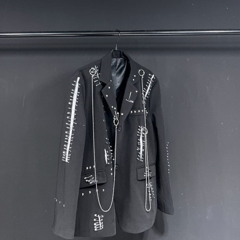 WVGA Autumn Winter New Man Tide Destroyed Metal Punk Rivet Chain Rock Suit Coat Niche Chic Casual Long Sleeved Blazer Ins W14182