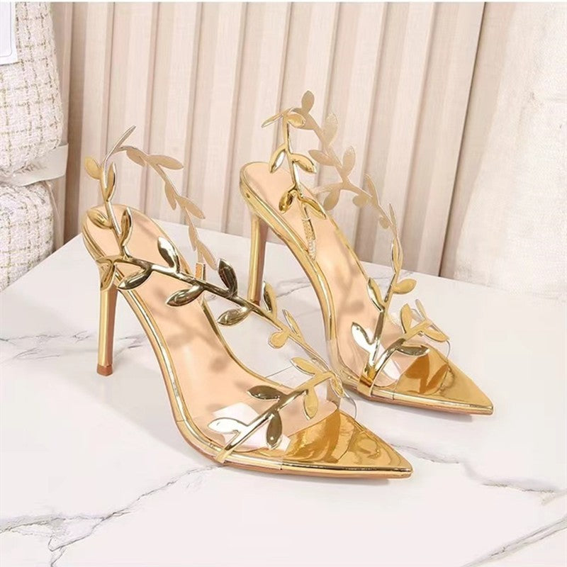 2024 Summer Fashion Patent Leather Gold Leaf Women Sandals Elegant Pointed toe Thin High heels Gladiator Sandalias Party Shoes