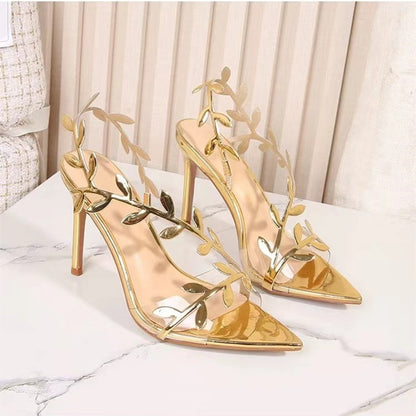 2024 Summer Fashion Patent Leather Gold Leaf Women Sandals Elegant Pointed toe Thin High heels Gladiator Sandalias Party Shoes