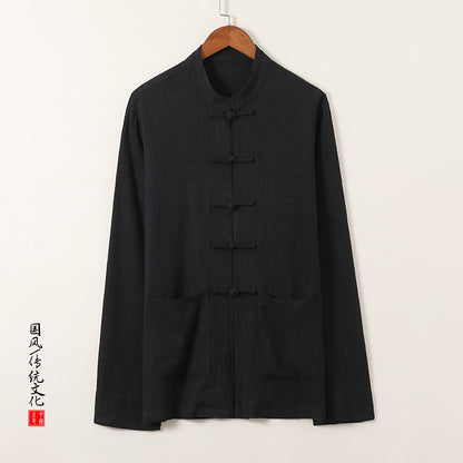 Chinese-style Men's Black Long-sleeve Shirt, Cotton-linen Blend Stand-up Collar Shirts, Available in Burgundy, Beige, and Gray.
