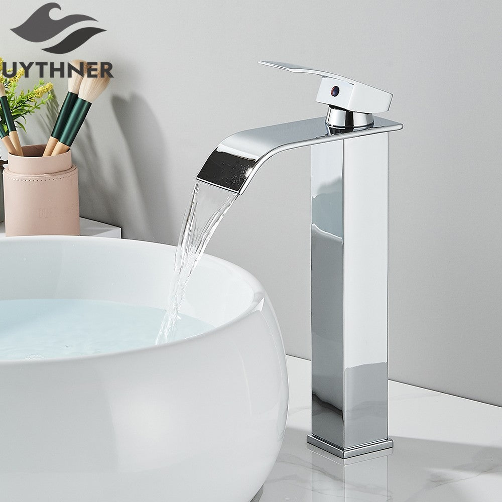 Brushed Golden Basin Faucets Elegant Waterfall Bathroom Sink Faucet Single Lever Hole Deck Mount Brass  Mixer Taps